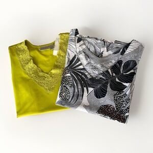 Chicos Tank Top Lot of 2 Ultimate Tee Lg Ivory Leaf Tropical Chartreuse Lace NWT